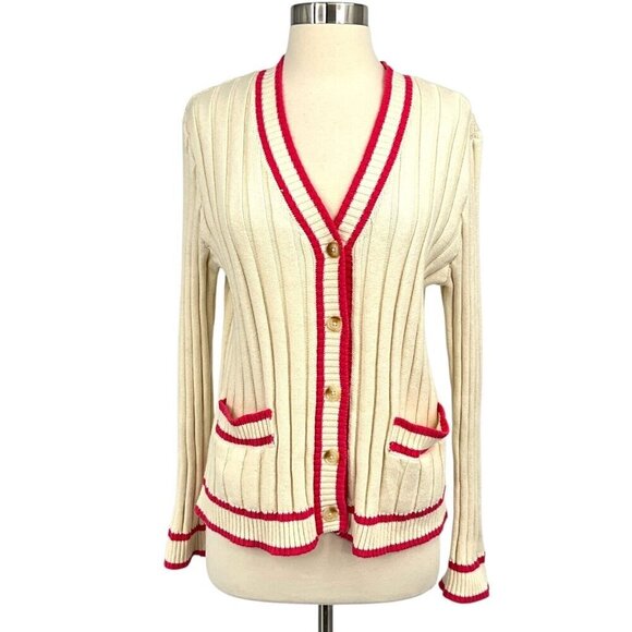 Faherty Sweaters - Faherty Vintage Game Set Cardigan Size M Ivory Pink Ribbed Cotton Cashmere